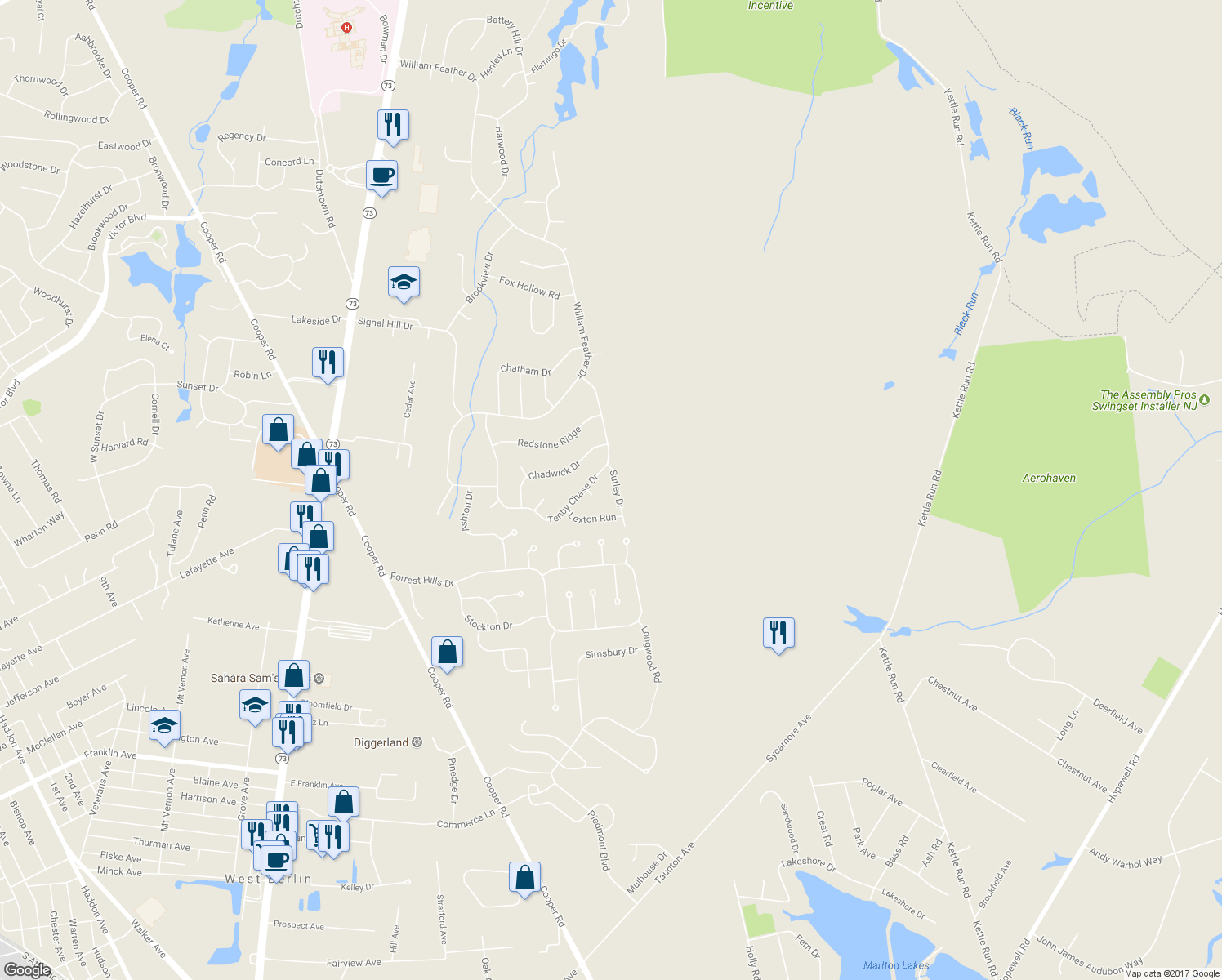 map of restaurants, bars, coffee shops, grocery stores, and more near 7 Sutley Drive in Voorhees Township