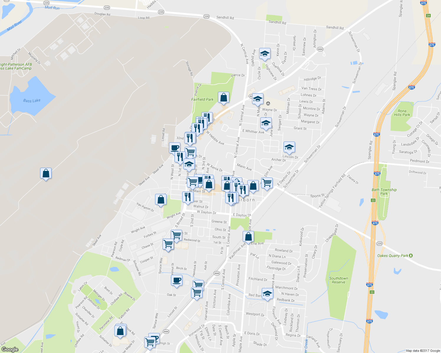 map of restaurants, bars, coffee shops, grocery stores, and more near 65 N Grand Ave in Fairborn
