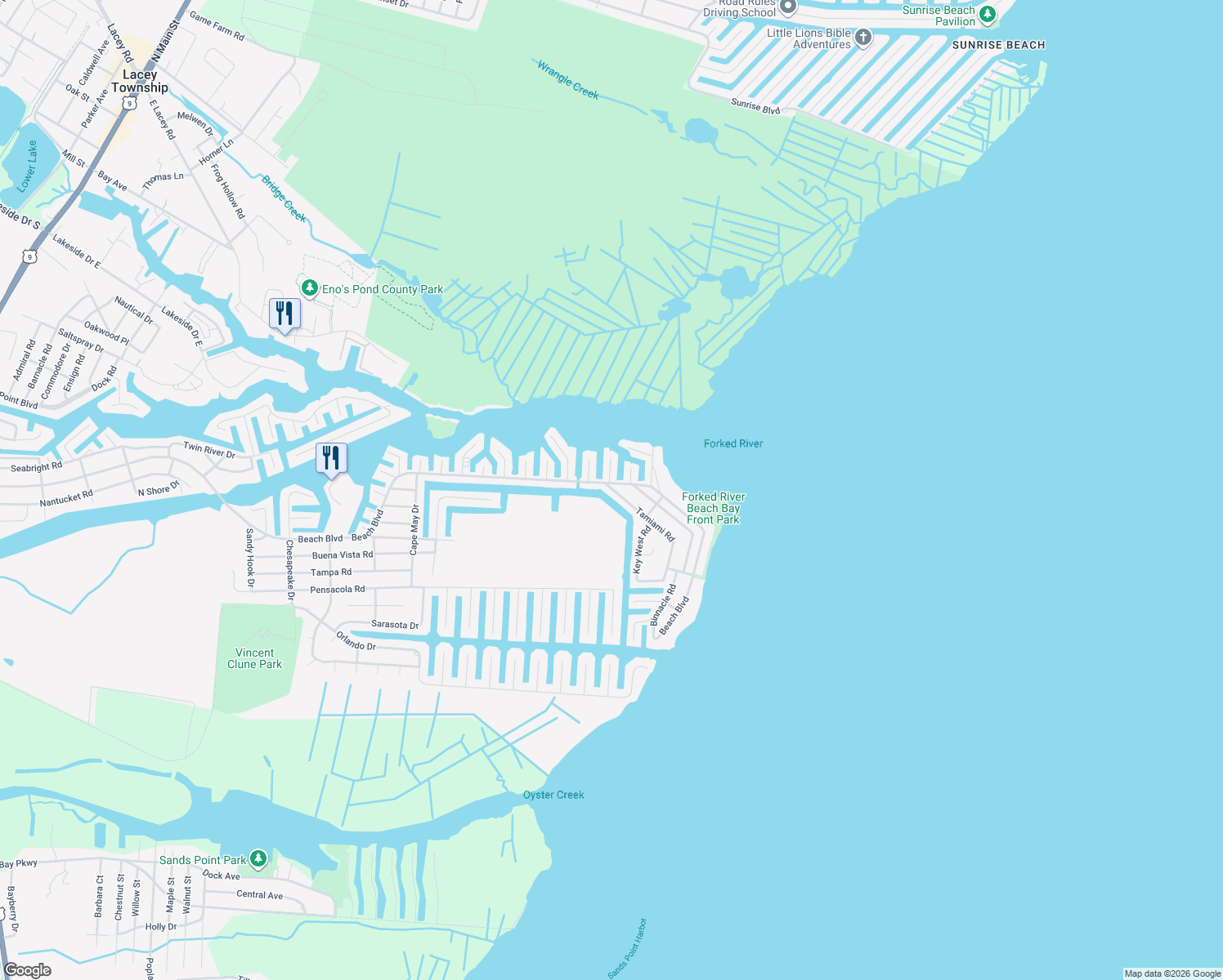 map of restaurants, bars, coffee shops, grocery stores, and more near 1402 Tamiami Road in Lacey Township
