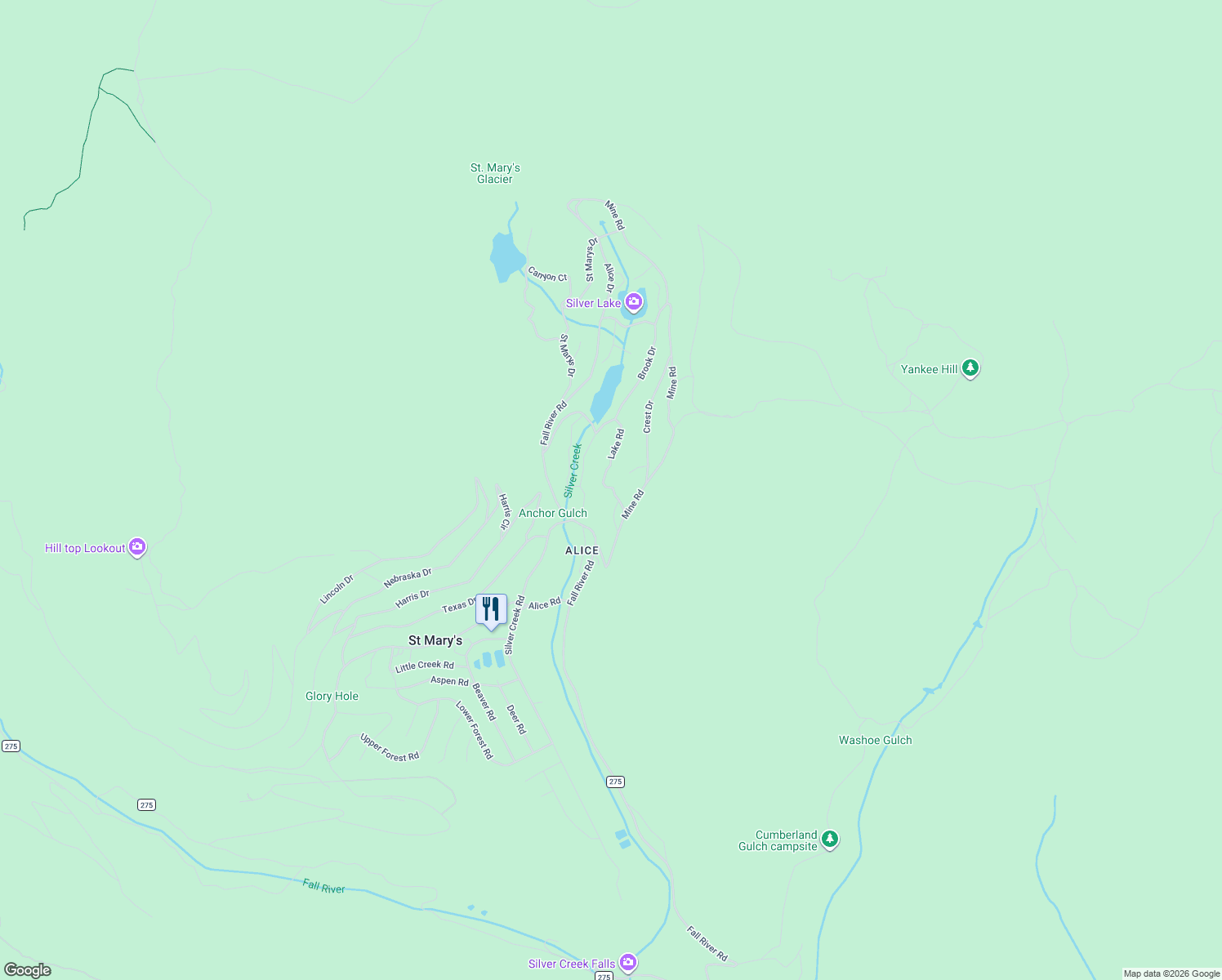 map of restaurants, bars, coffee shops, grocery stores, and more near 588 Lake Road in Idaho Springs