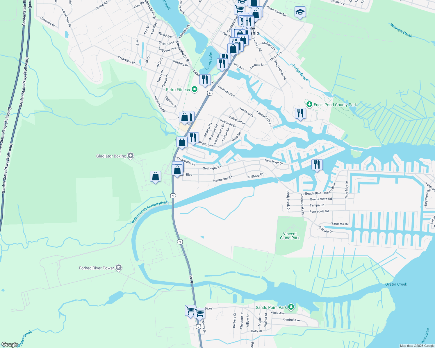 map of restaurants, bars, coffee shops, grocery stores, and more near 305 Beach Boulevard in Lacey Township