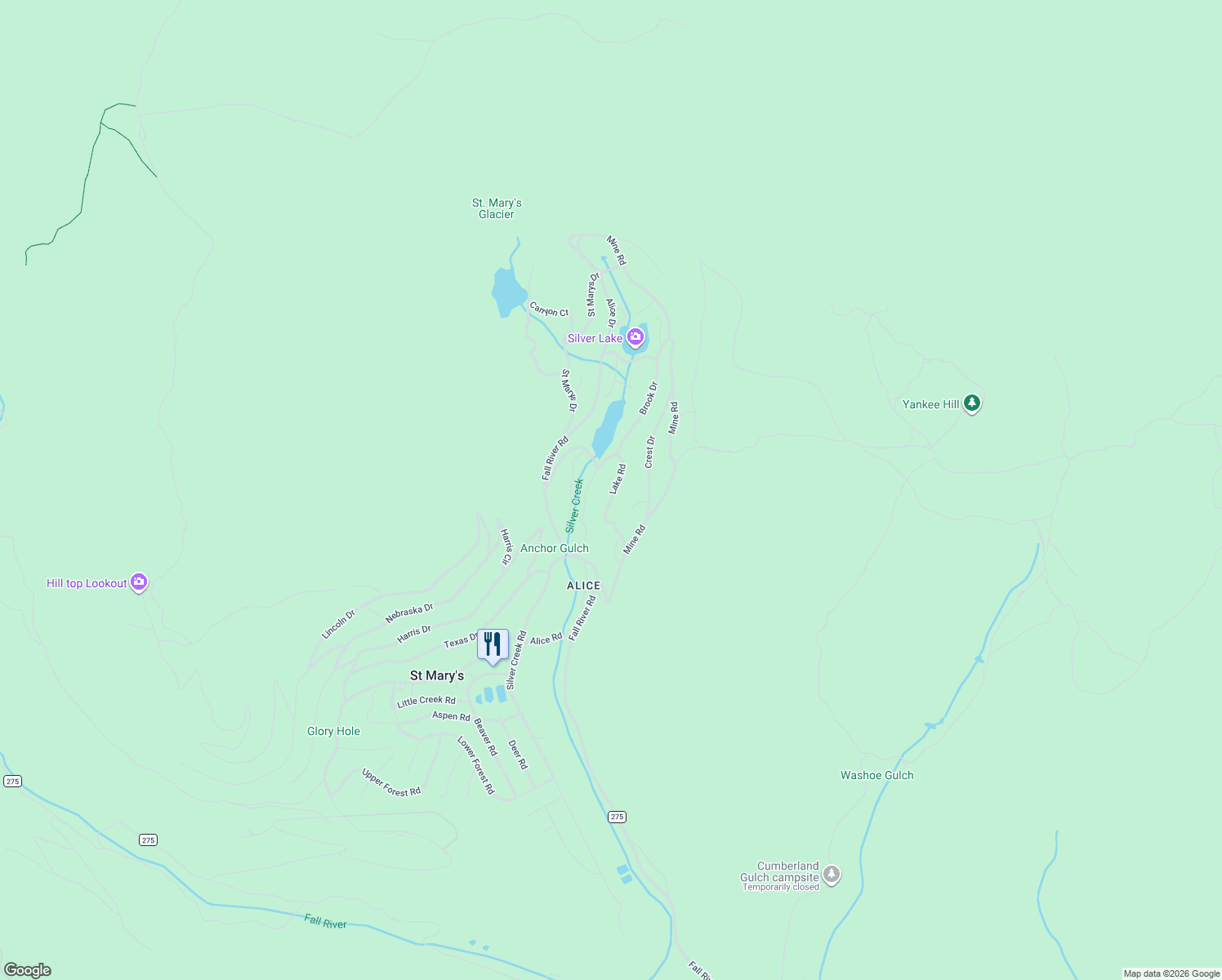 map of restaurants, bars, coffee shops, grocery stores, and more near 404 Lake Road in Idaho Springs