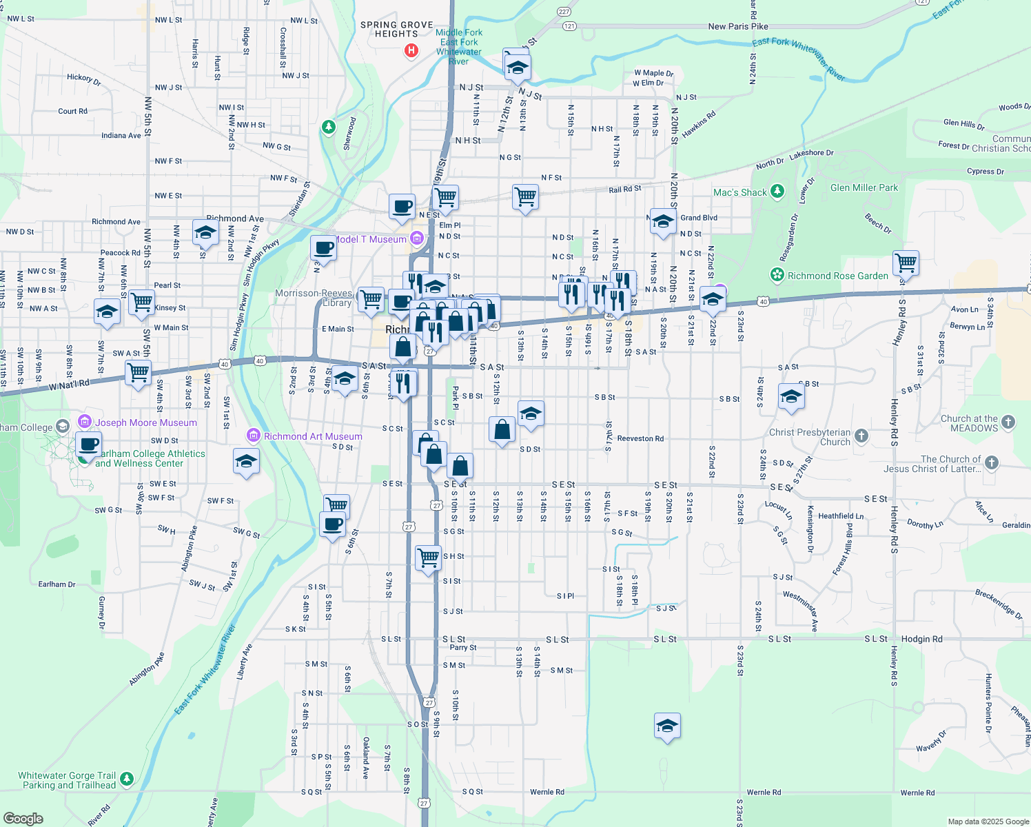 map of restaurants, bars, coffee shops, grocery stores, and more near 224 South 13th Street in Richmond