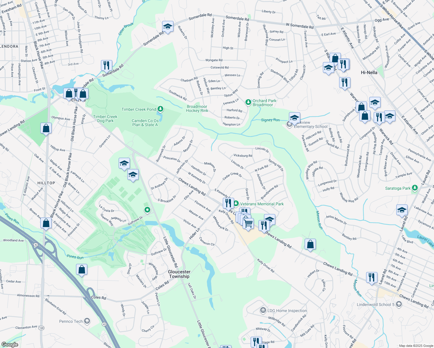 map of restaurants, bars, coffee shops, grocery stores, and more near 13 Madison Drive in Laurel Springs