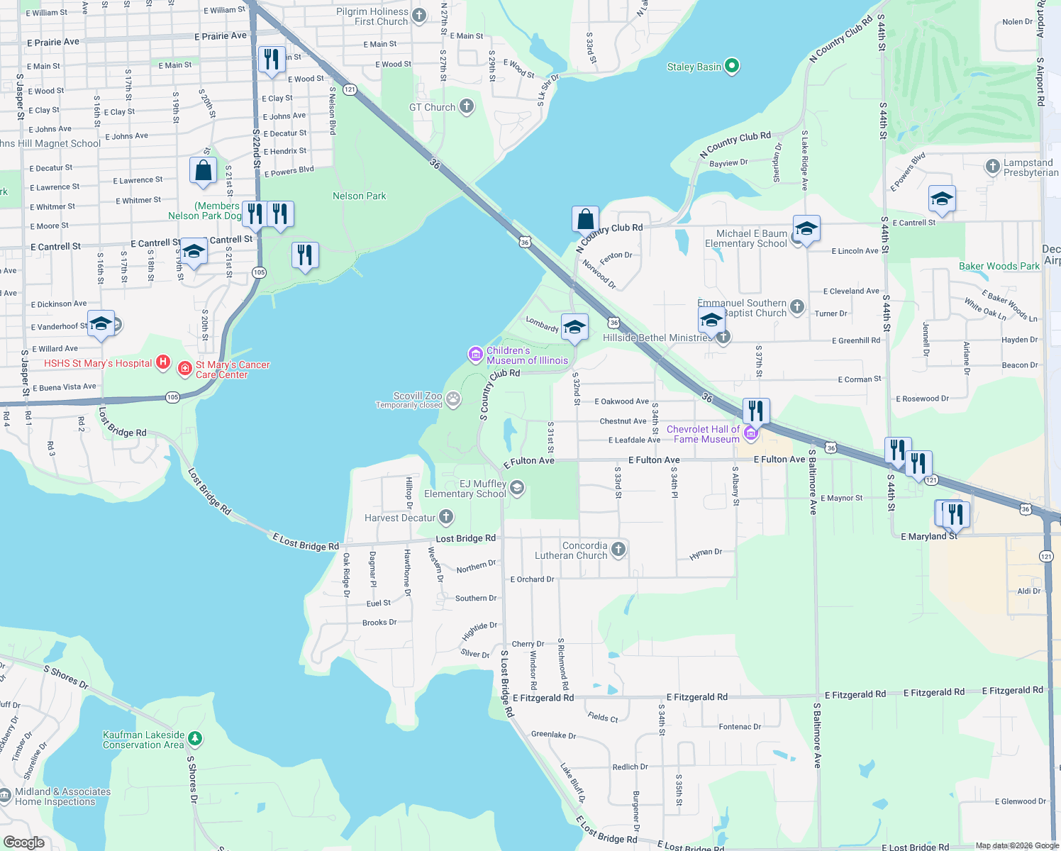 map of restaurants, bars, coffee shops, grocery stores, and more near 1510 South Lynnwood Drive in Decatur