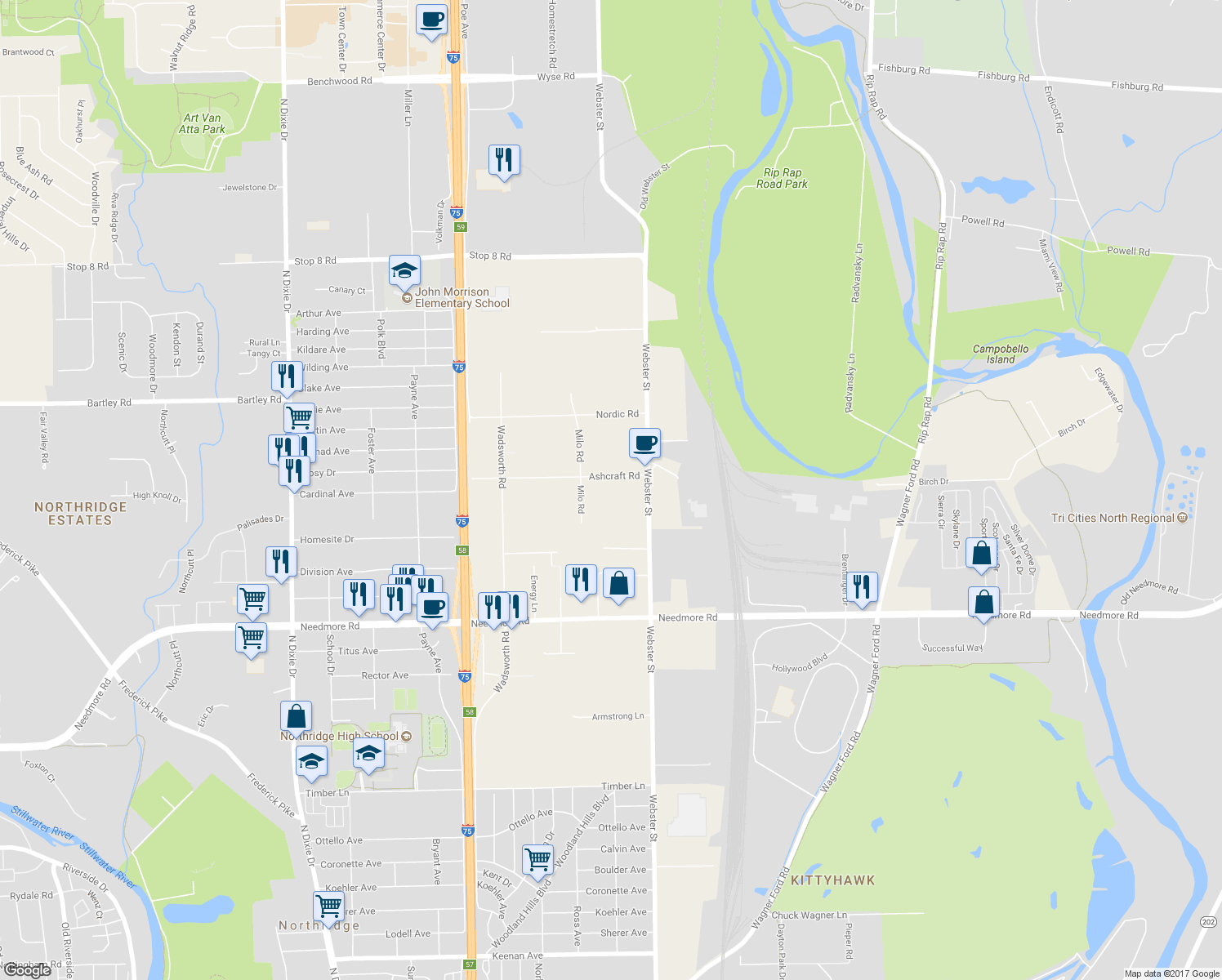 map of restaurants, bars, coffee shops, grocery stores, and more near 2640 Ashcraft Road in Dayton