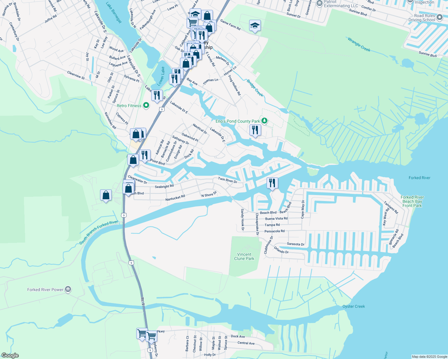 map of restaurants, bars, coffee shops, grocery stores, and more near 613 Twin River Drive in Lacey Township