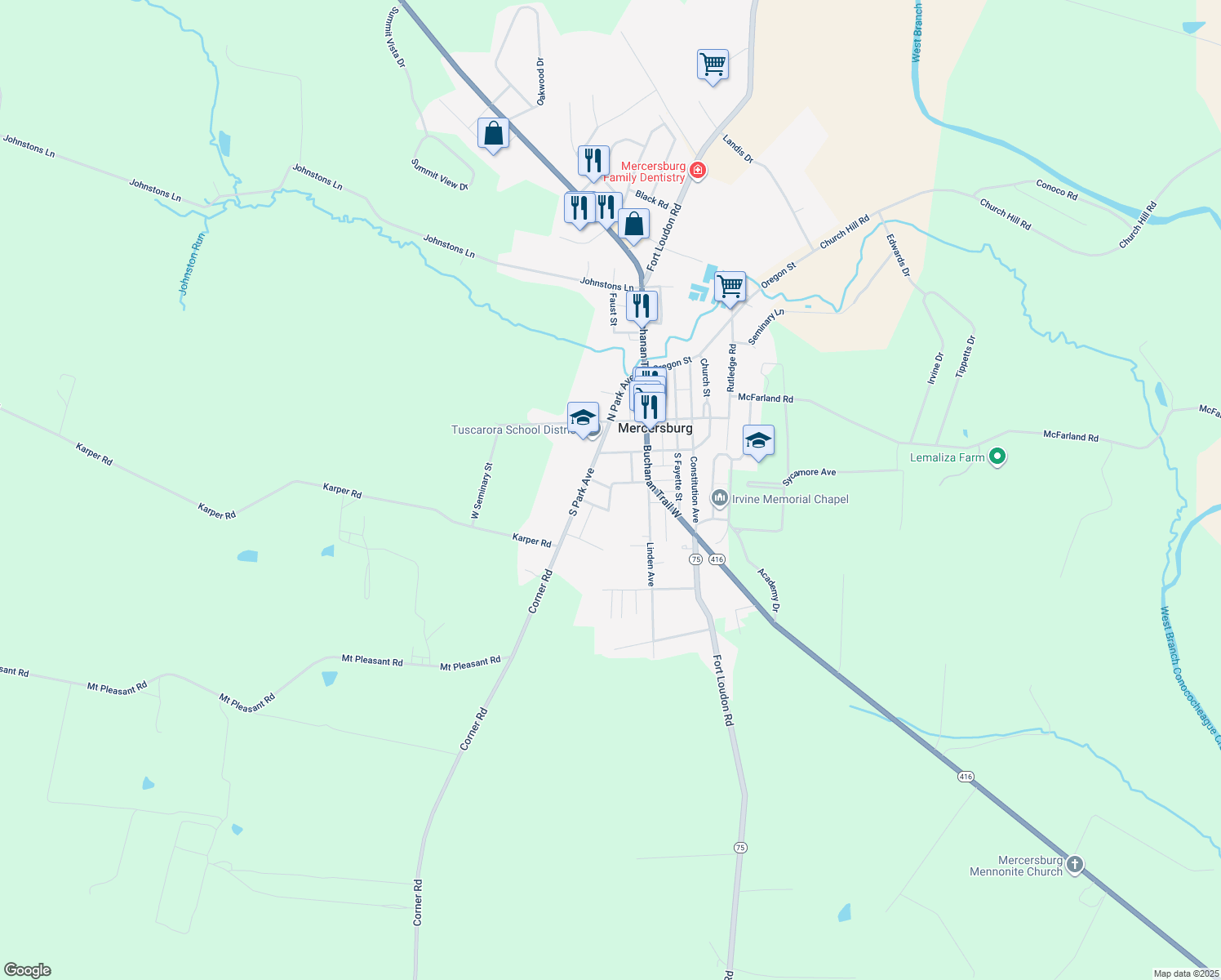 map of restaurants, bars, coffee shops, grocery stores, and more near 10 Steiger Avenue in Mercersburg