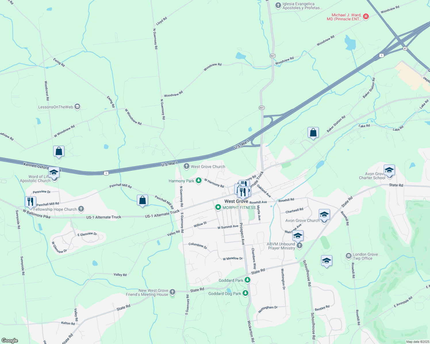 map of restaurants, bars, coffee shops, grocery stores, and more near 10 Joseph Pyle Dr in West Grove