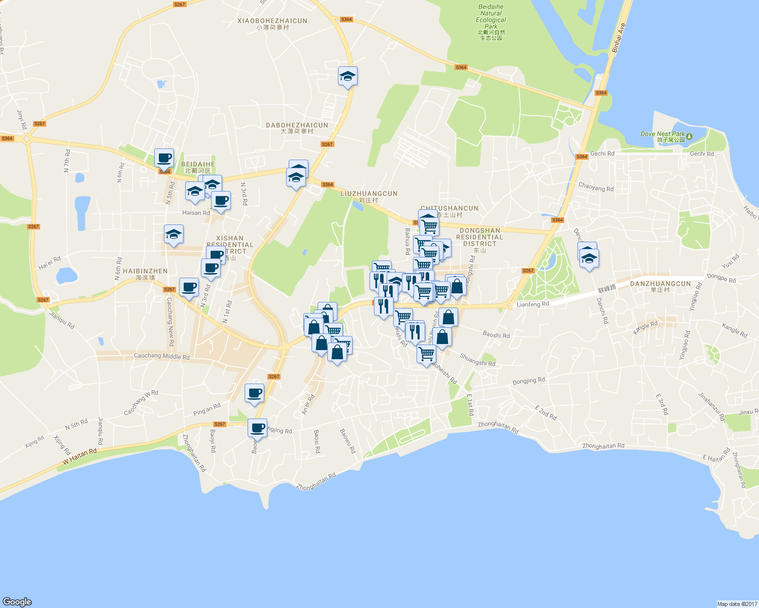 map of restaurants, bars, coffee shops, grocery stores, and more near Lian Feng Lu in Qinhuangdao Shi