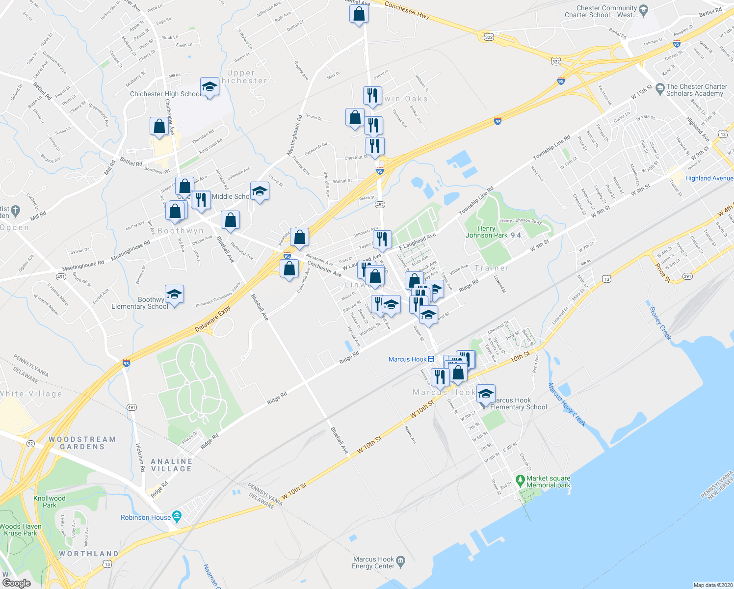 map of restaurants, bars, coffee shops, grocery stores, and more near 1568 Huddell Avenue in Linwood