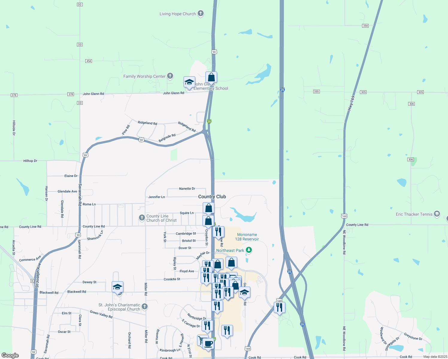 map of restaurants, bars, coffee shops, grocery stores, and more near 3503 Emerald Lane in Country Club