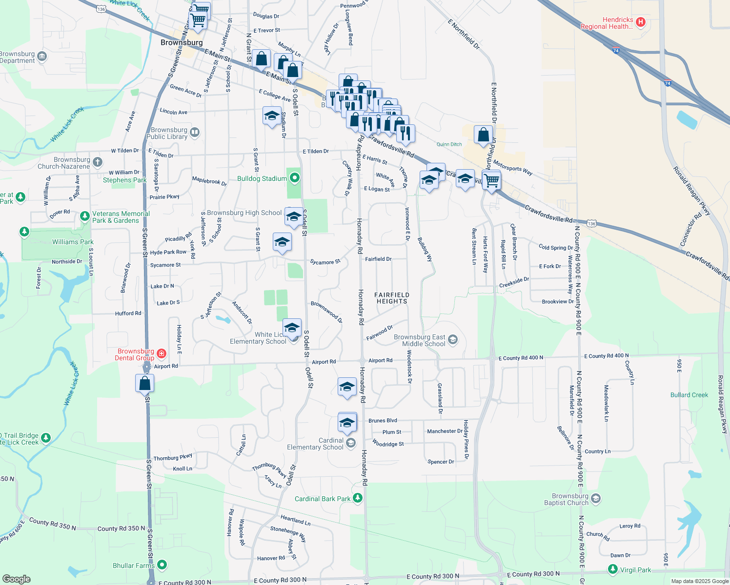map of restaurants, bars, coffee shops, grocery stores, and more near 1215 Hornaday Road in Brownsburg