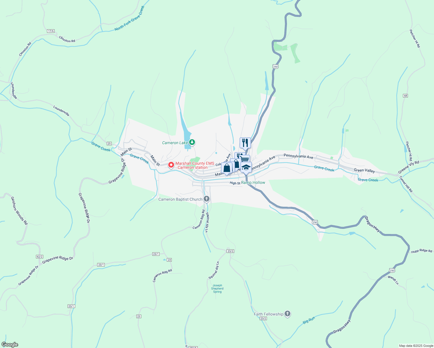 map of restaurants, bars, coffee shops, grocery stores, and more near 99 Main St in Cameron