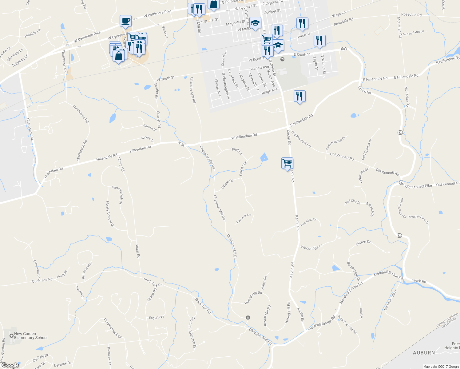map of restaurants, bars, coffee shops, grocery stores, and more near 304 Oriole Drive in Kennett Square