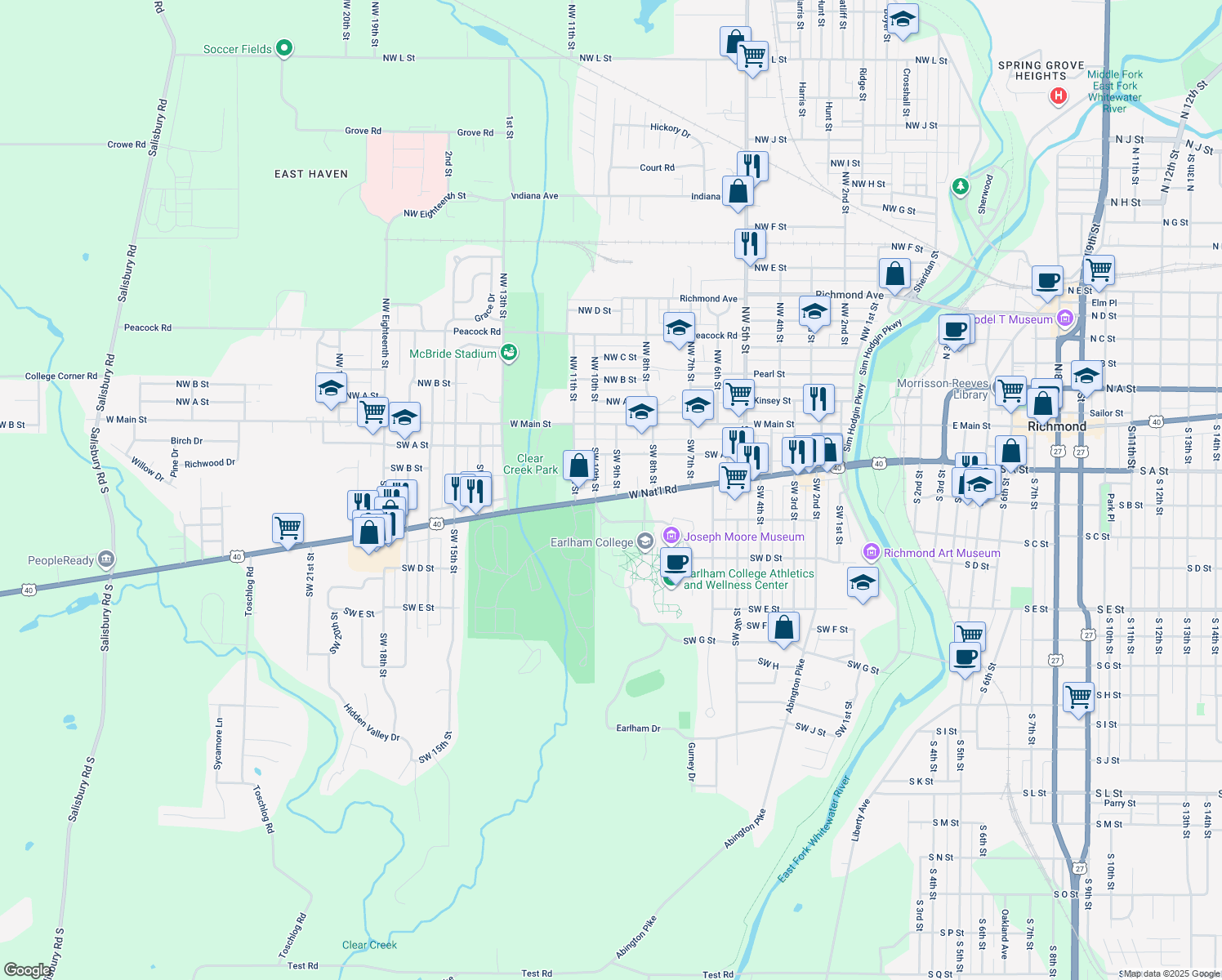 map of restaurants, bars, coffee shops, grocery stores, and more near 900 National Road West in Richmond