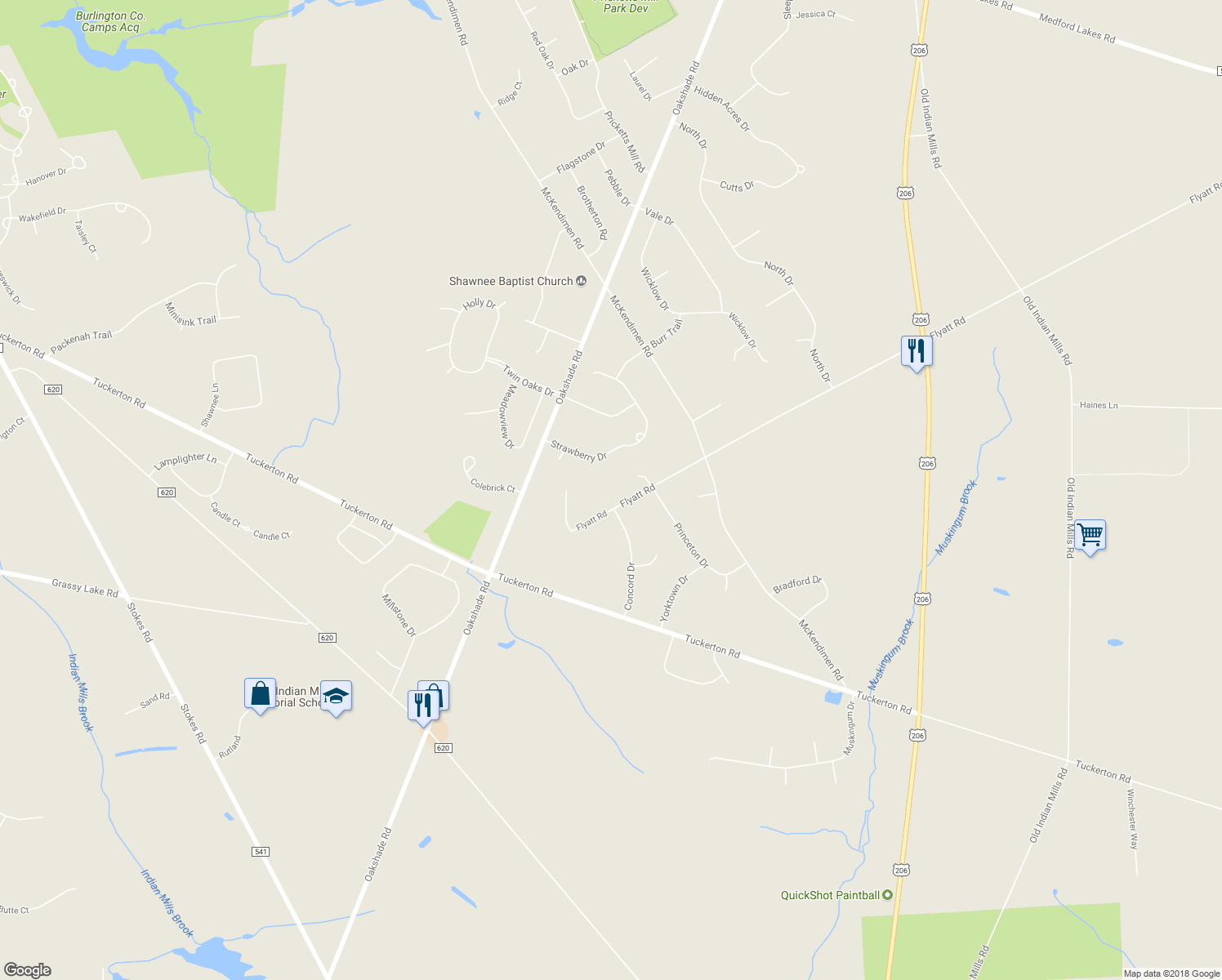 map of restaurants, bars, coffee shops, grocery stores, and more near 80 Flyatt Road in Shamong