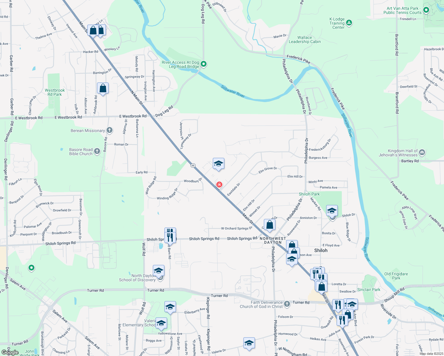 map of restaurants, bars, coffee shops, grocery stores, and more near 6540 N Main St in Dayton