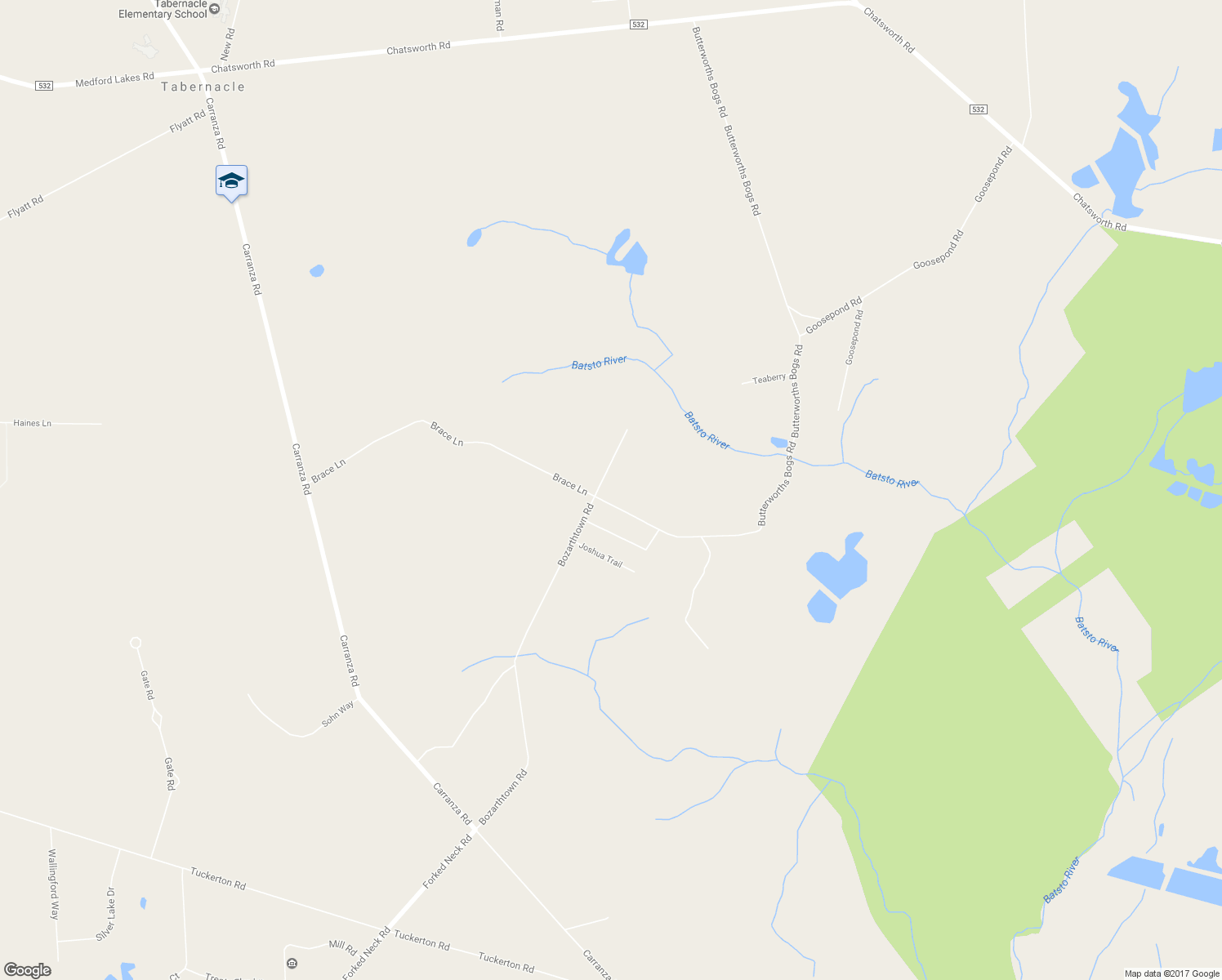 map of restaurants, bars, coffee shops, grocery stores, and more near 131 Butterworths Bogs Road in Tabernacle