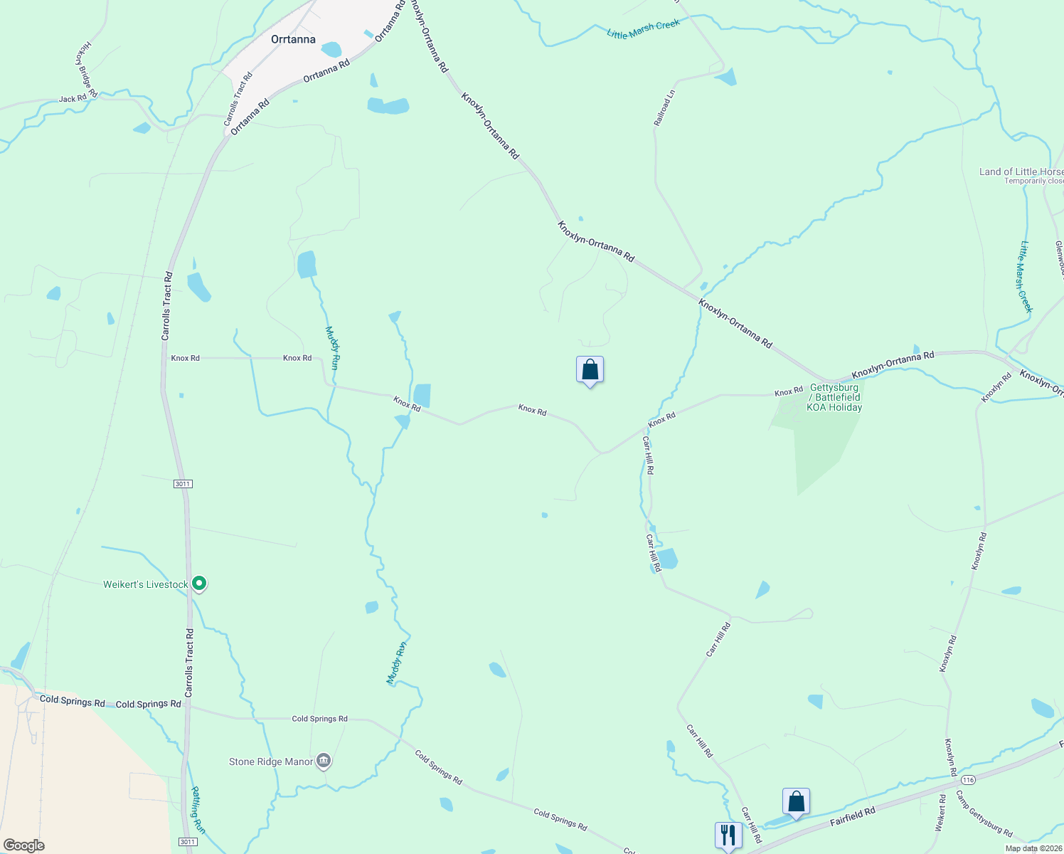 map of restaurants, bars, coffee shops, grocery stores, and more near 420 Knox Road in Gettysburg