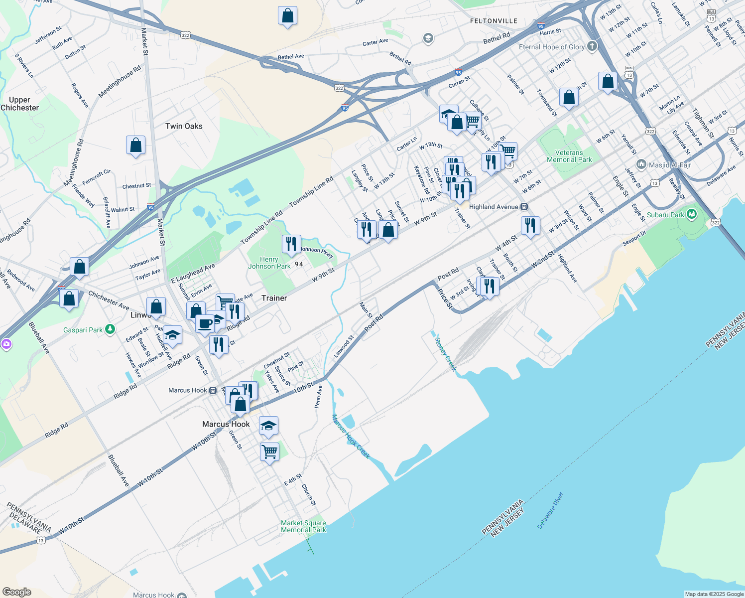 map of restaurants, bars, coffee shops, grocery stores, and more near 4121 Pennsylvania Street in Trainer