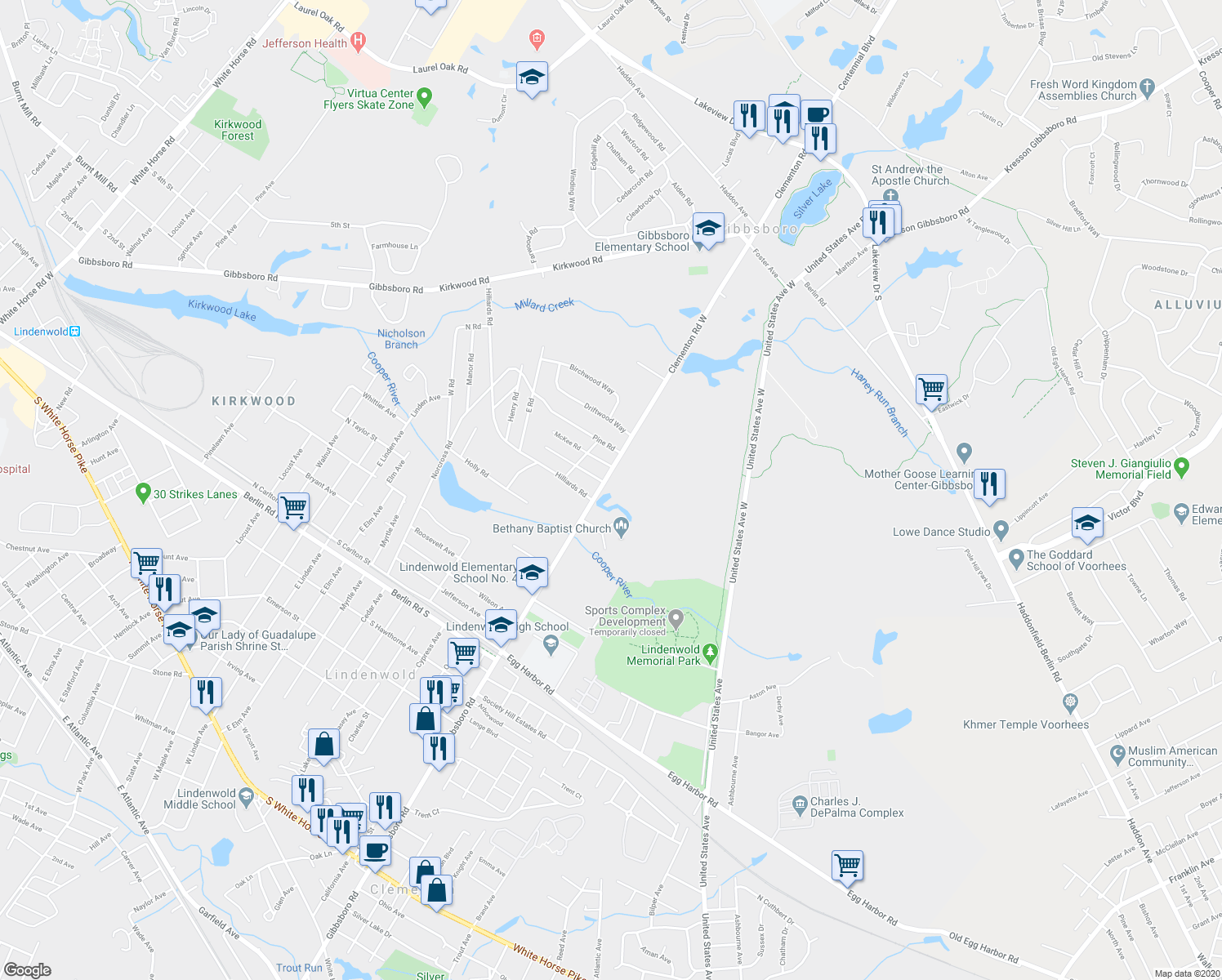 map of restaurants, bars, coffee shops, grocery stores, and more near 171 Clementon Road West in Gibbsboro