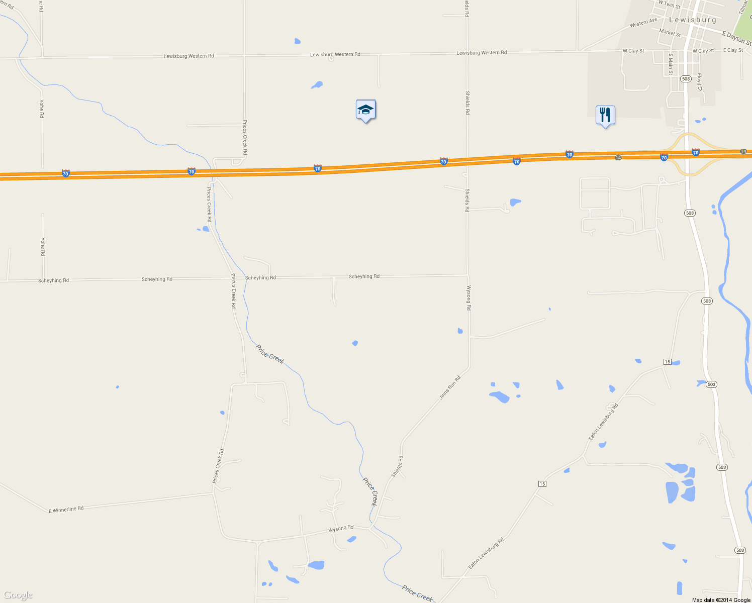 map of restaurants, bars, coffee shops, grocery stores, and more near 3370 Scheyhing Road in Lewisburg
