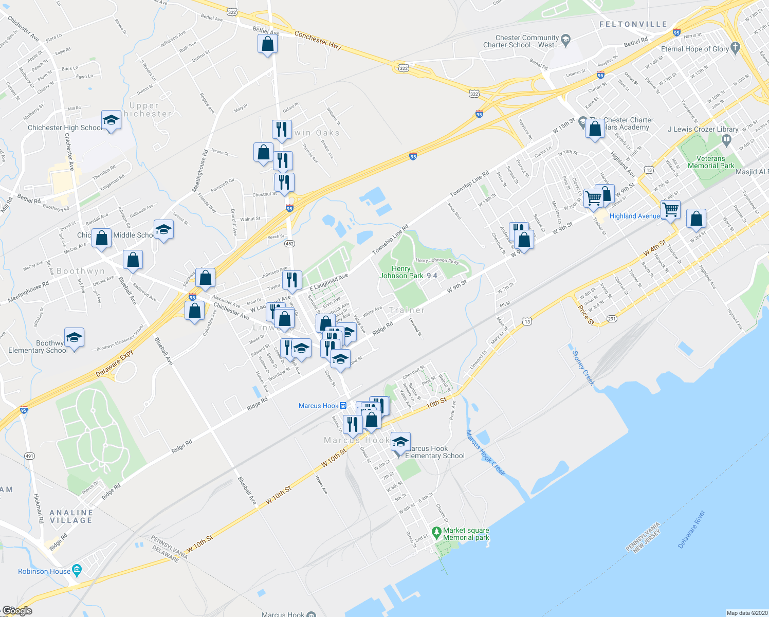 map of restaurants, bars, coffee shops, grocery stores, and more near 301 White Avenue in Linwood