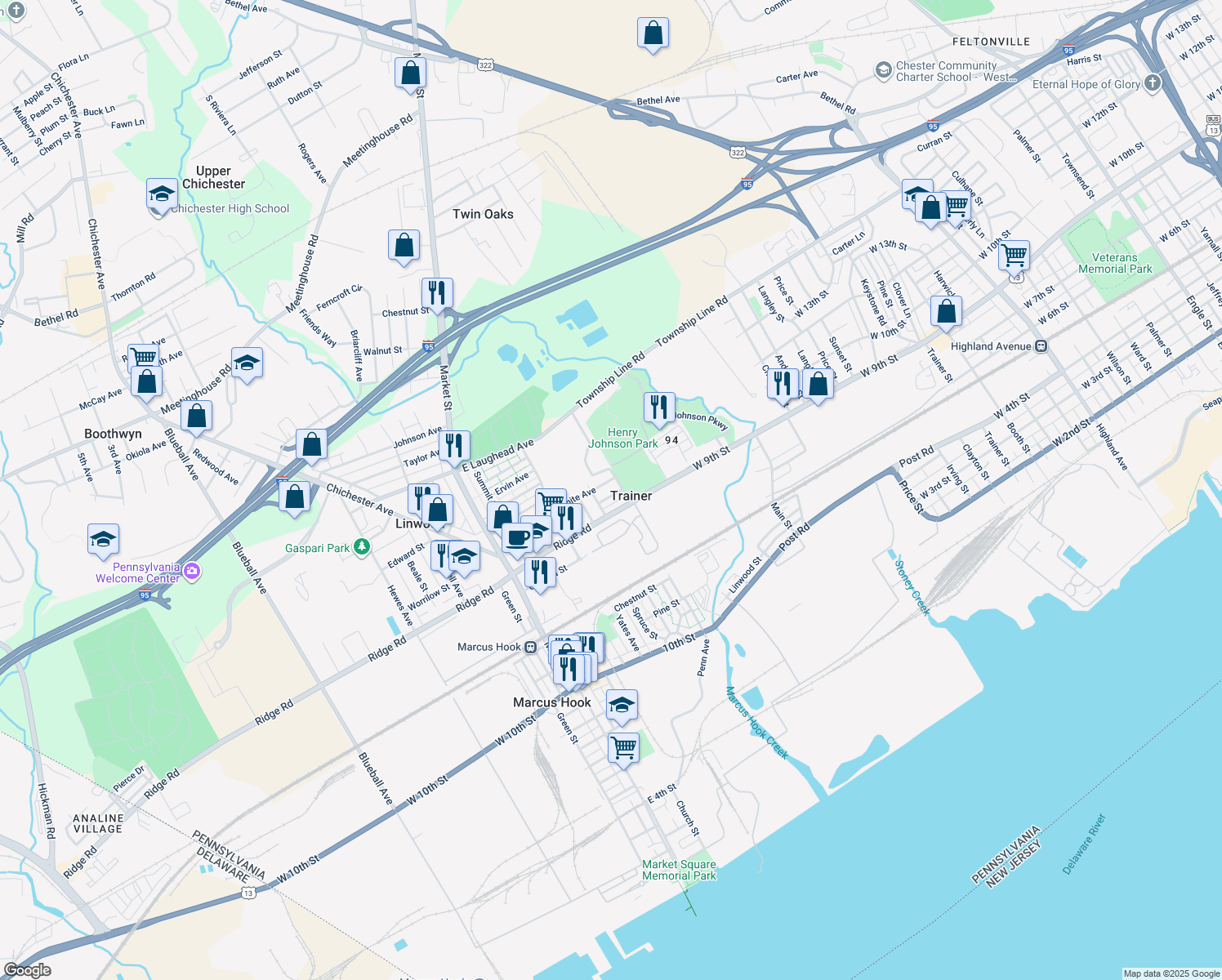 map of restaurants, bars, coffee shops, grocery stores, and more near 320 Cranston Avenue in Linwood