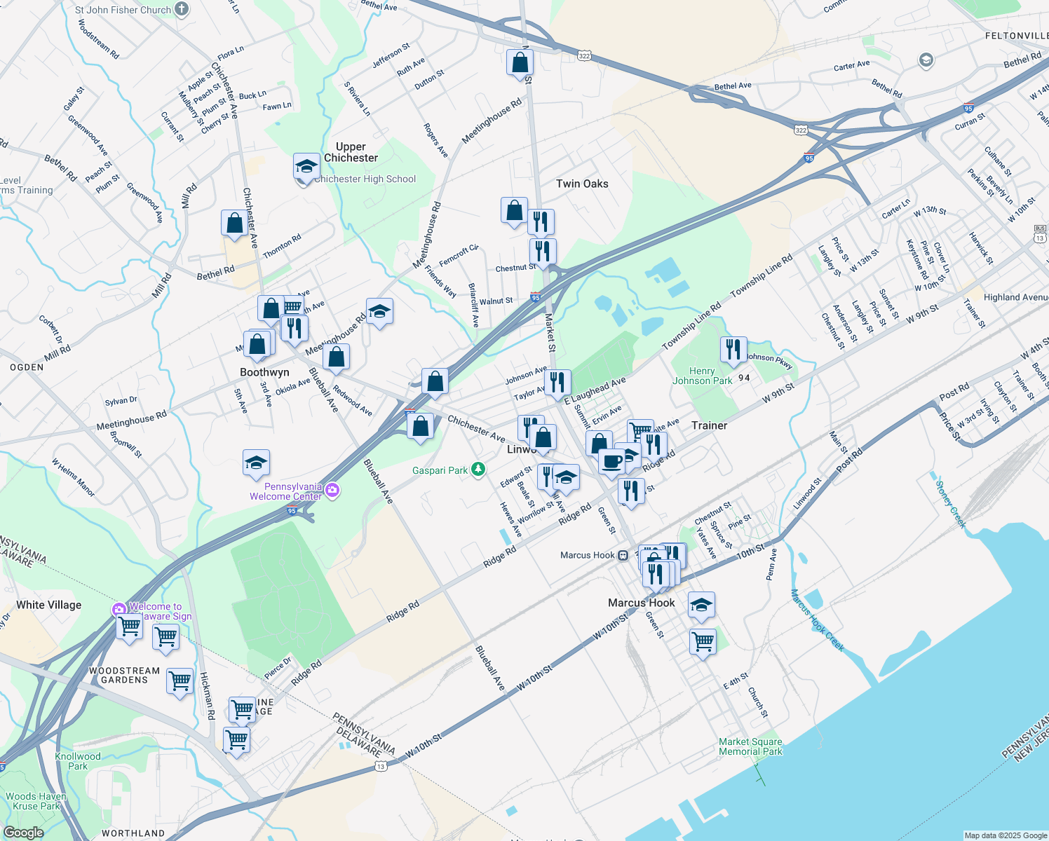 map of restaurants, bars, coffee shops, grocery stores, and more near 1649 Huddell Avenue in Marcus Hook