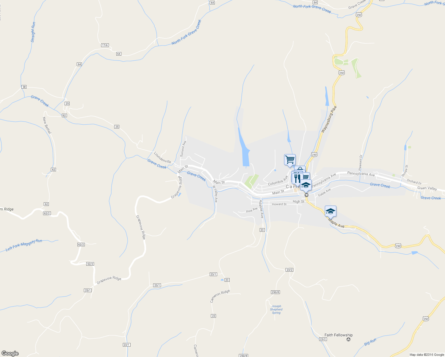 map of restaurants, bars, coffee shops, grocery stores, and more near Glass House Hill Rd in Cameron