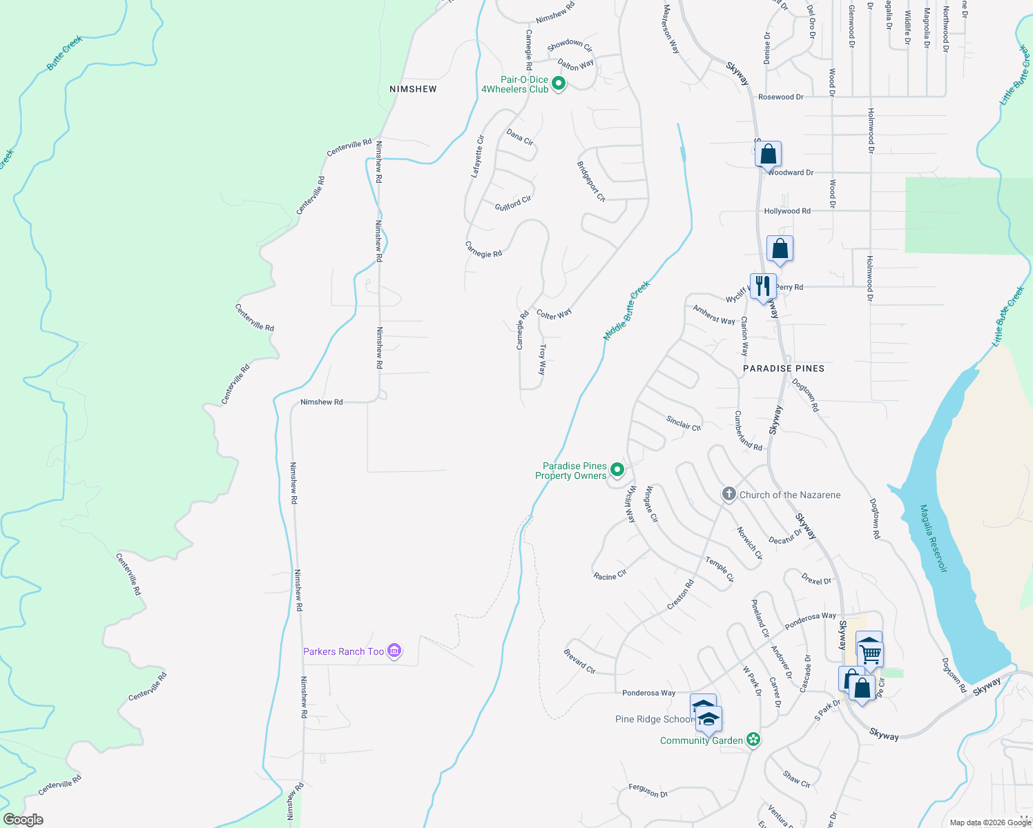 map of restaurants, bars, coffee shops, grocery stores, and more near 14279 Carnegie Road in Magalia