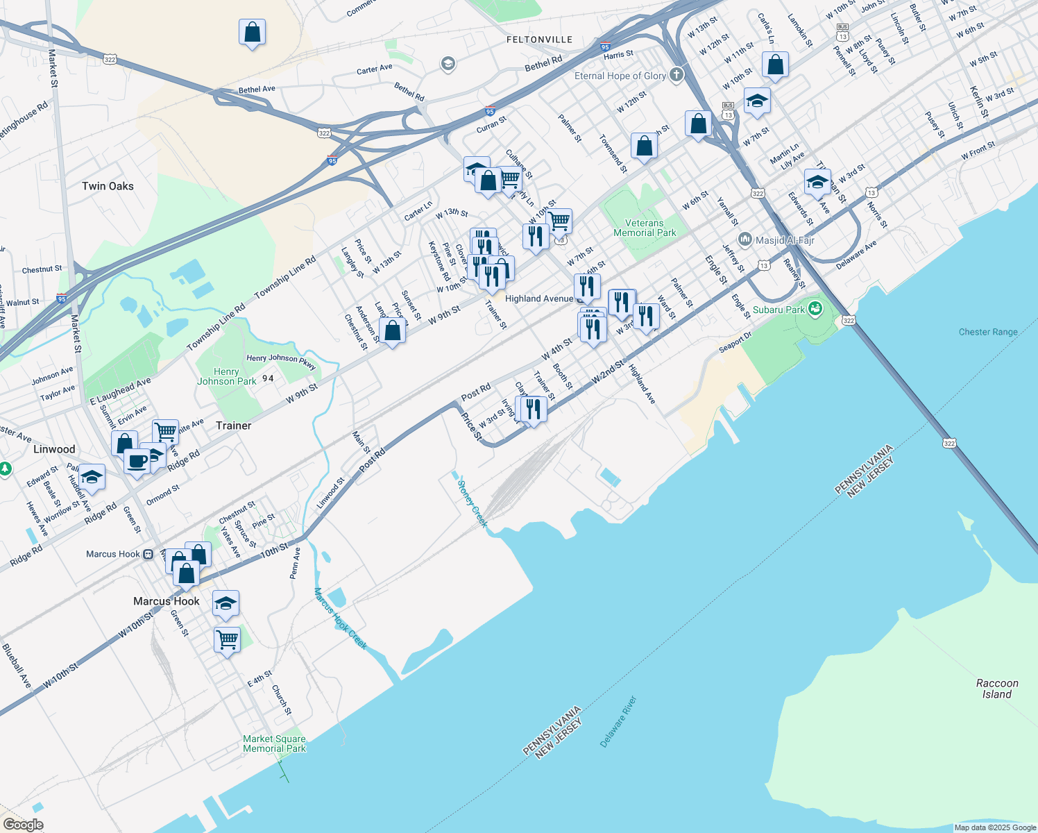 map of restaurants, bars, coffee shops, grocery stores, and more near 219 Irving Street in Trainer