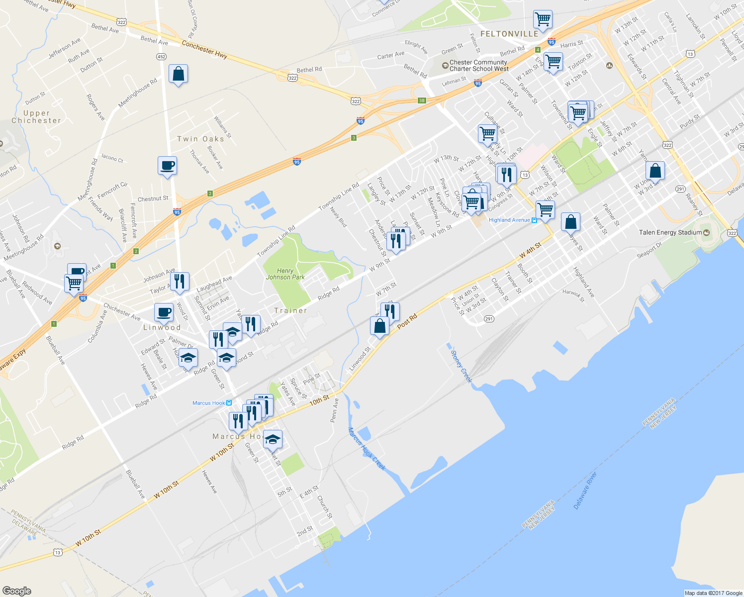 map of restaurants, bars, coffee shops, grocery stores, and more near 626 Main Street in Trainer