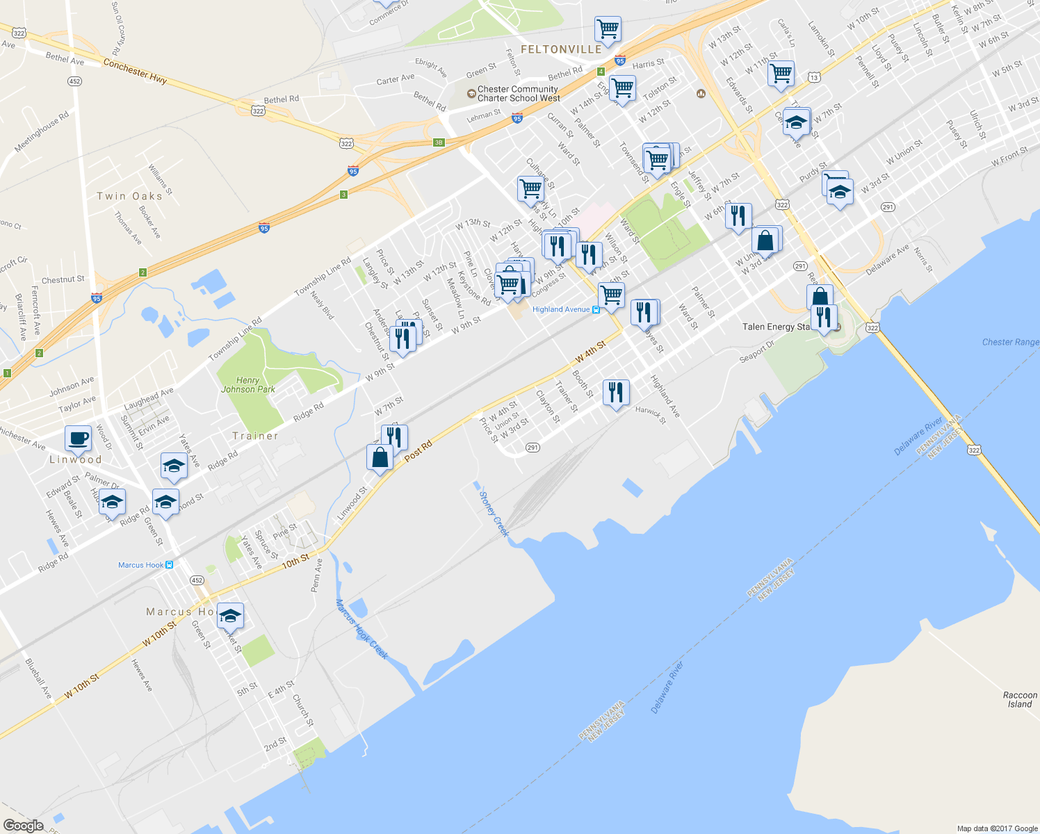 map of restaurants, bars, coffee shops, grocery stores, and more near 3410 West 3rd Street in Trainer