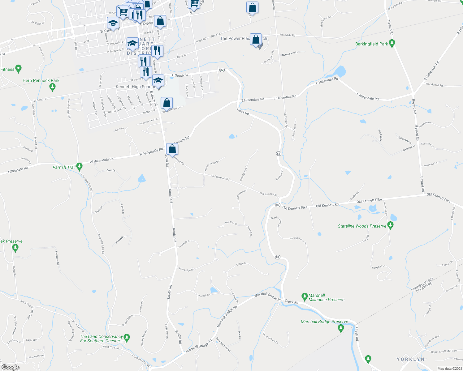 map of restaurants, bars, coffee shops, grocery stores, and more near 136 Old Kennett Road in Kennett Square