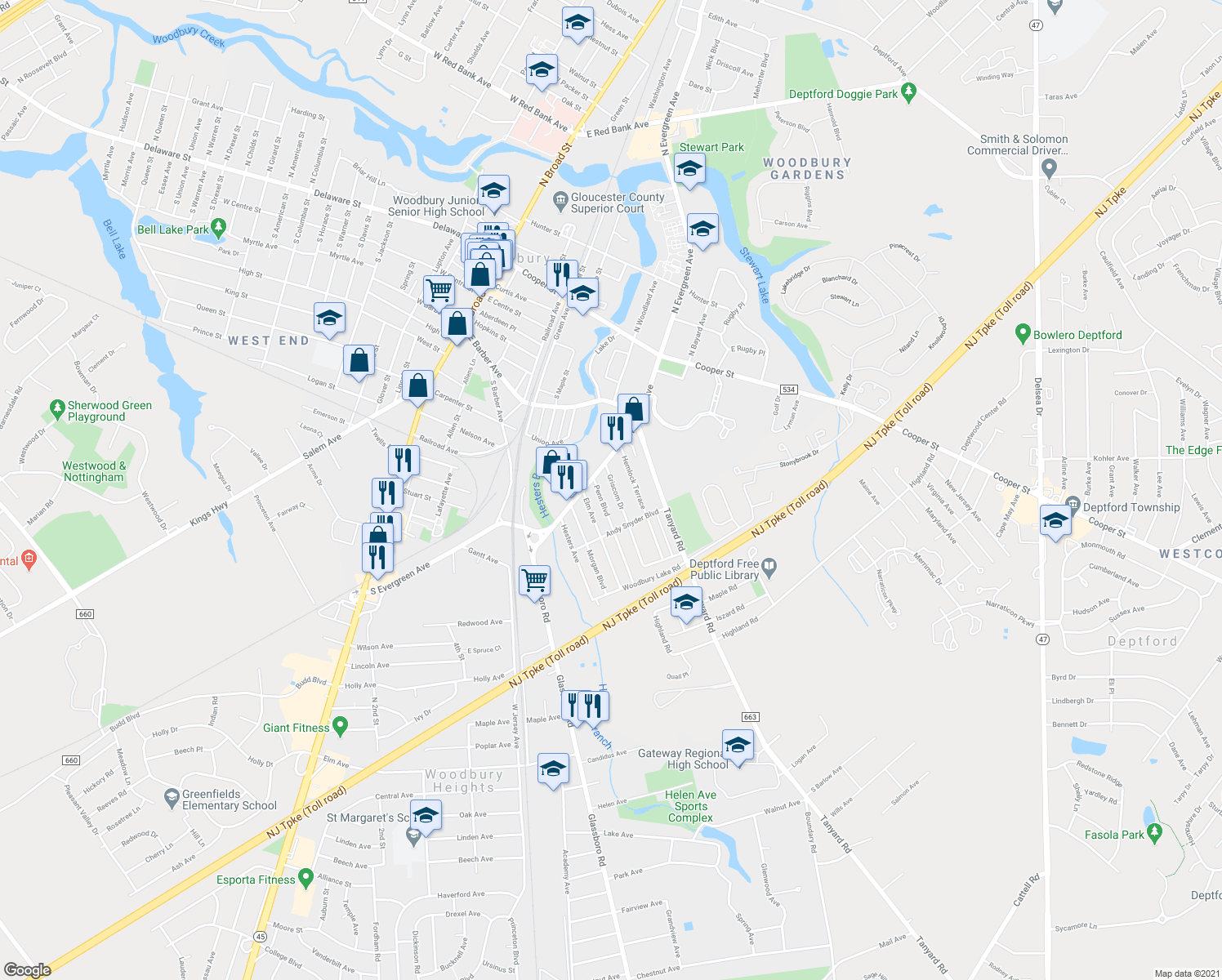 map of restaurants, bars, coffee shops, grocery stores, and more near 435 Griscom Drive in Woodbury