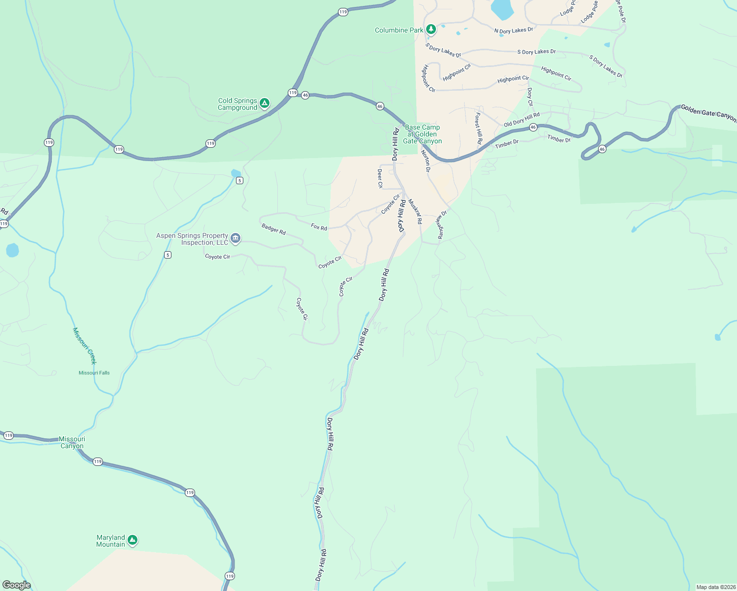 map of restaurants, bars, coffee shops, grocery stores, and more near 2169 Dory Hill Road in Black Hawk