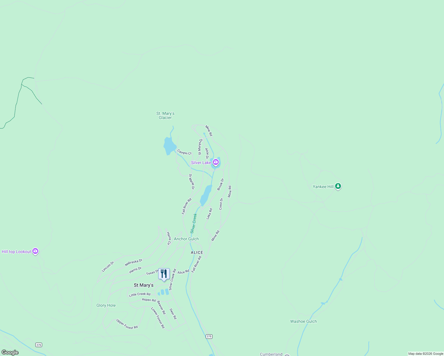 map of restaurants, bars, coffee shops, grocery stores, and more near 691 Brook Drive in Idaho Springs