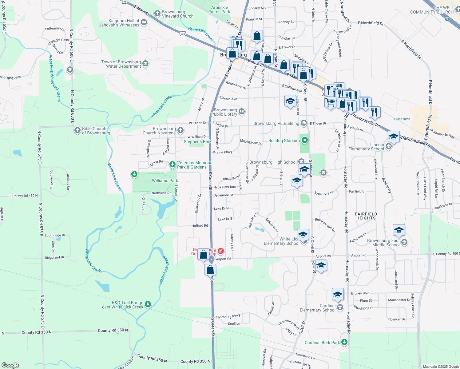 map of restaurants, bars, coffee shops, grocery stores, and more near 36 Hyde Park Row in Brownsburg