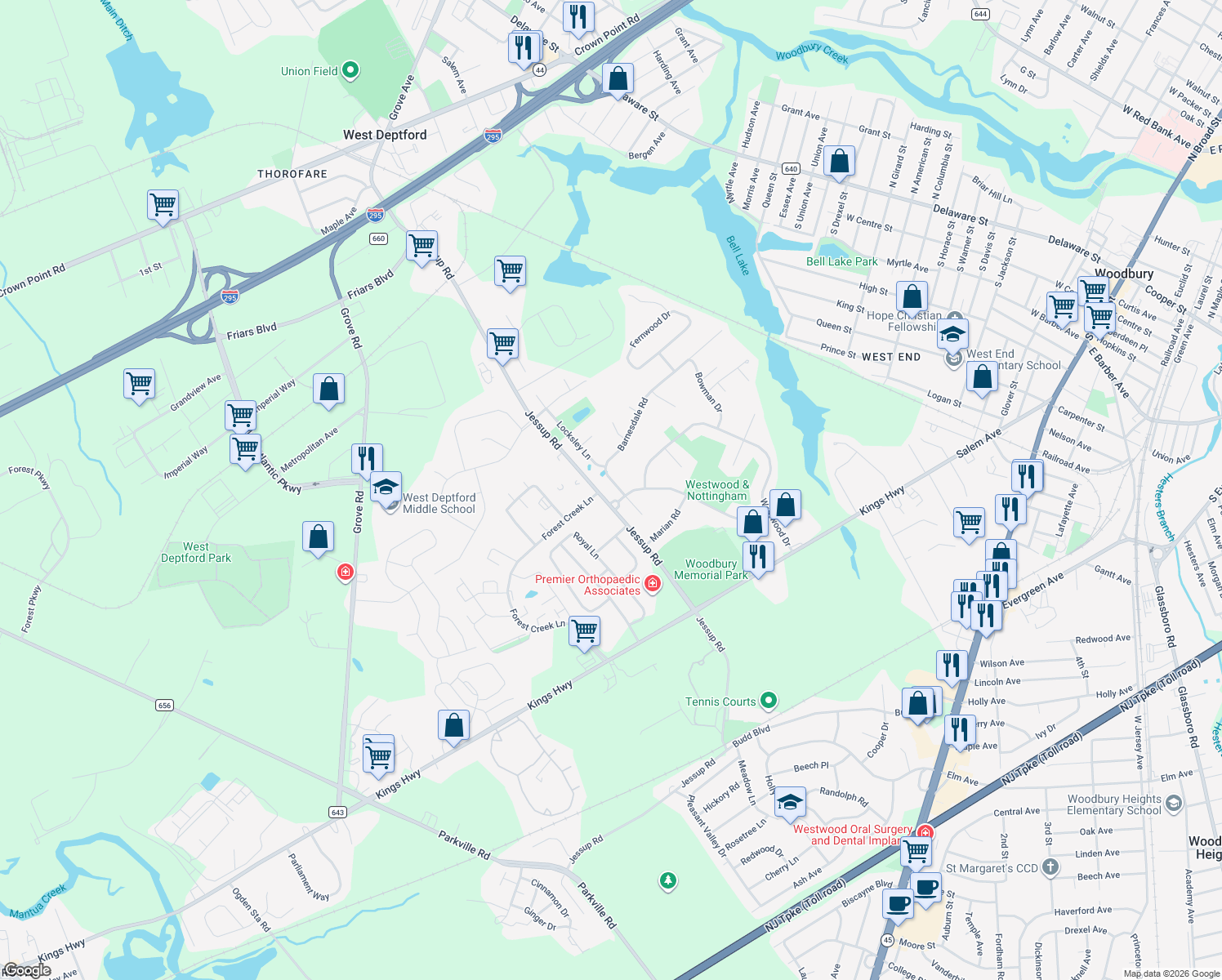 map of restaurants, bars, coffee shops, grocery stores, and more near 1110 Barnesdale Road in Woodbury
