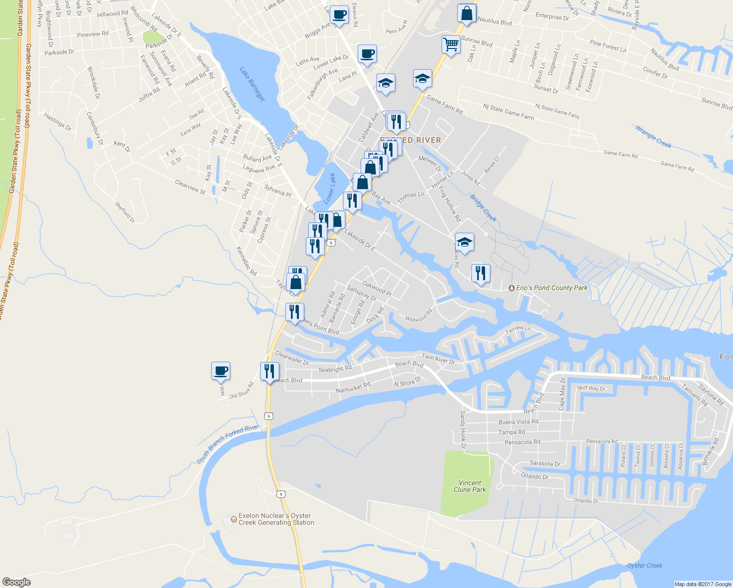 map of restaurants, bars, coffee shops, grocery stores, and more near 467 Ensign Road in Lacey Township