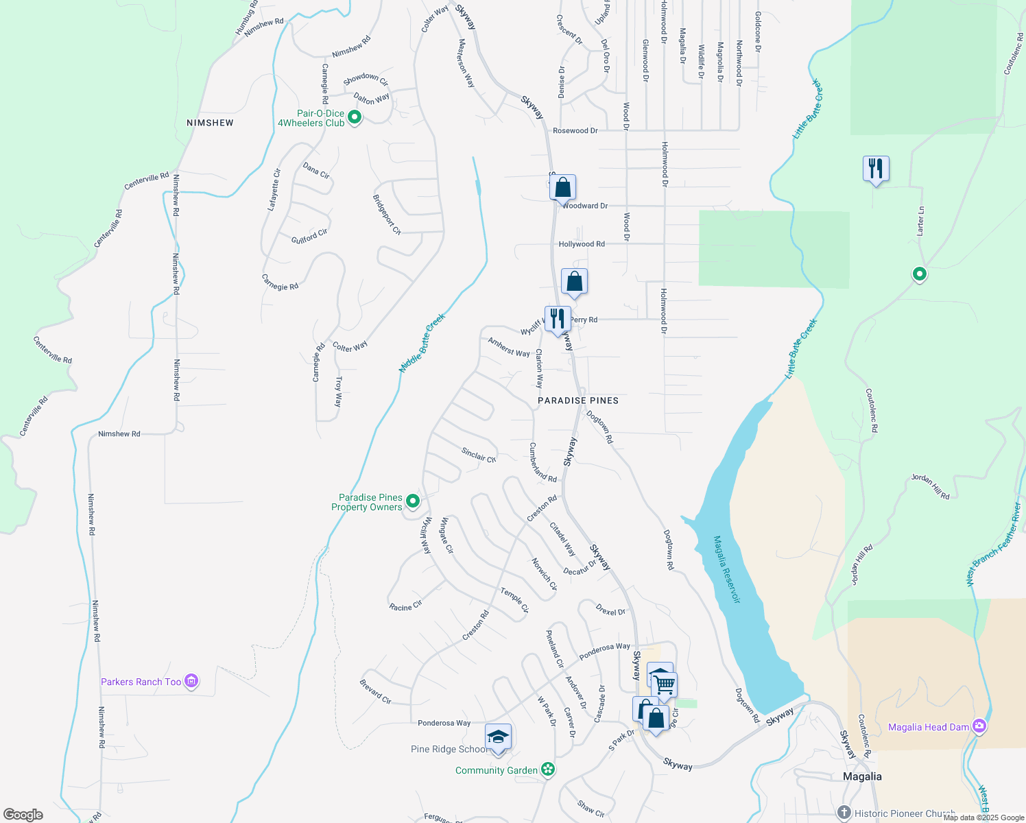 map of restaurants, bars, coffee shops, grocery stores, and more near 6323 Juneau Ct in Magalia