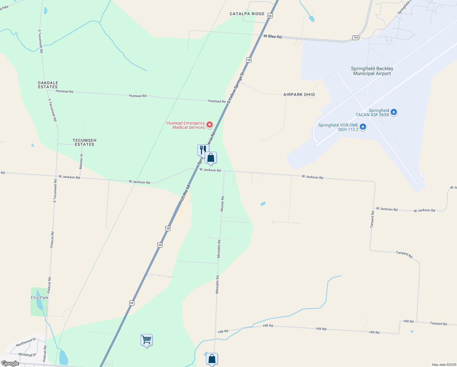 map of restaurants, bars, coffee shops, grocery stores, and more near 6590 Mosier Rd in Yellow Springs