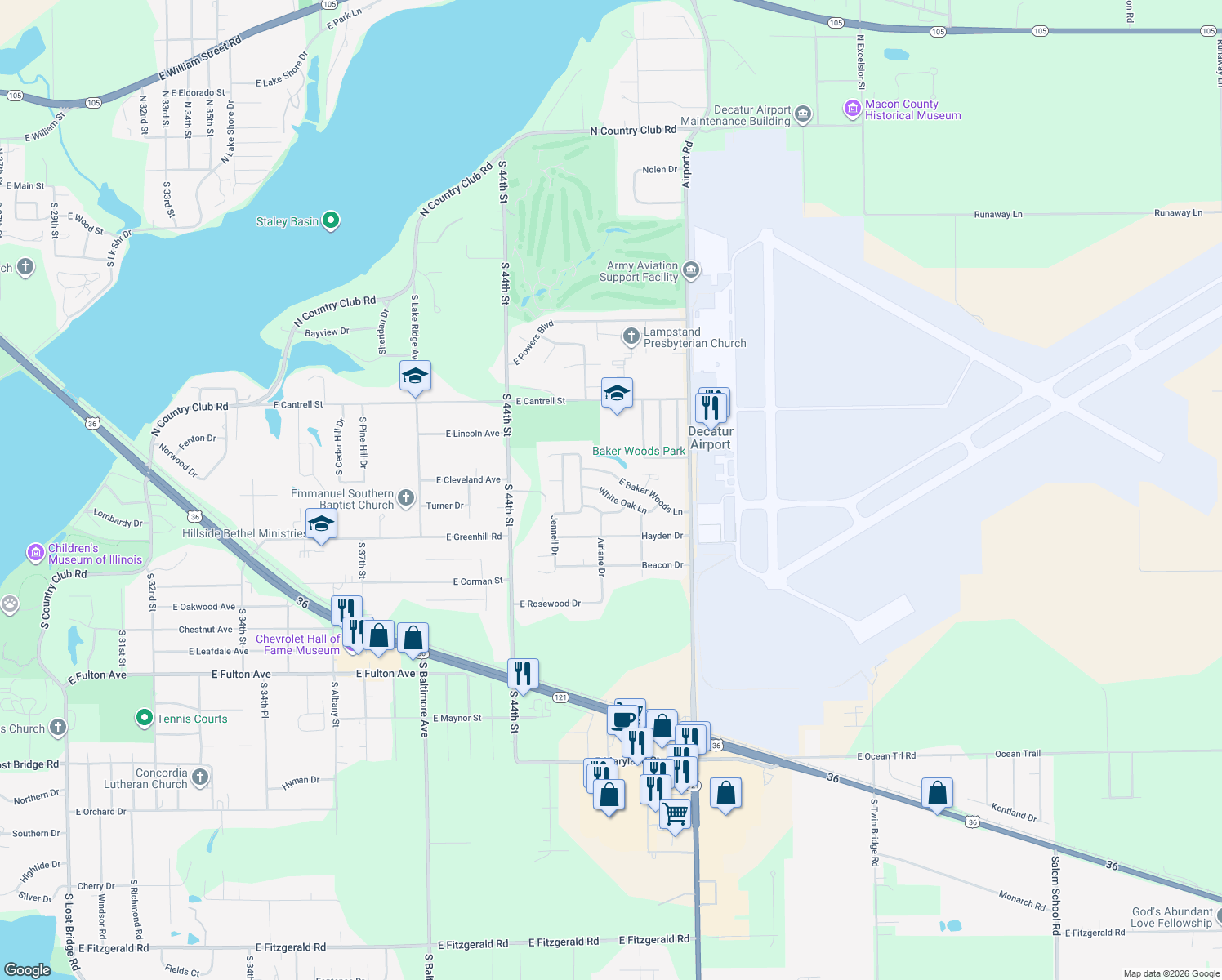 map of restaurants, bars, coffee shops, grocery stores, and more near 4668 White Oak Lane in Decatur