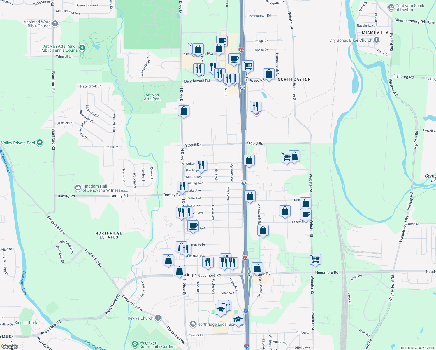map of restaurants, bars, coffee shops, grocery stores, and more near 2407 Kildare Avenue in Dayton