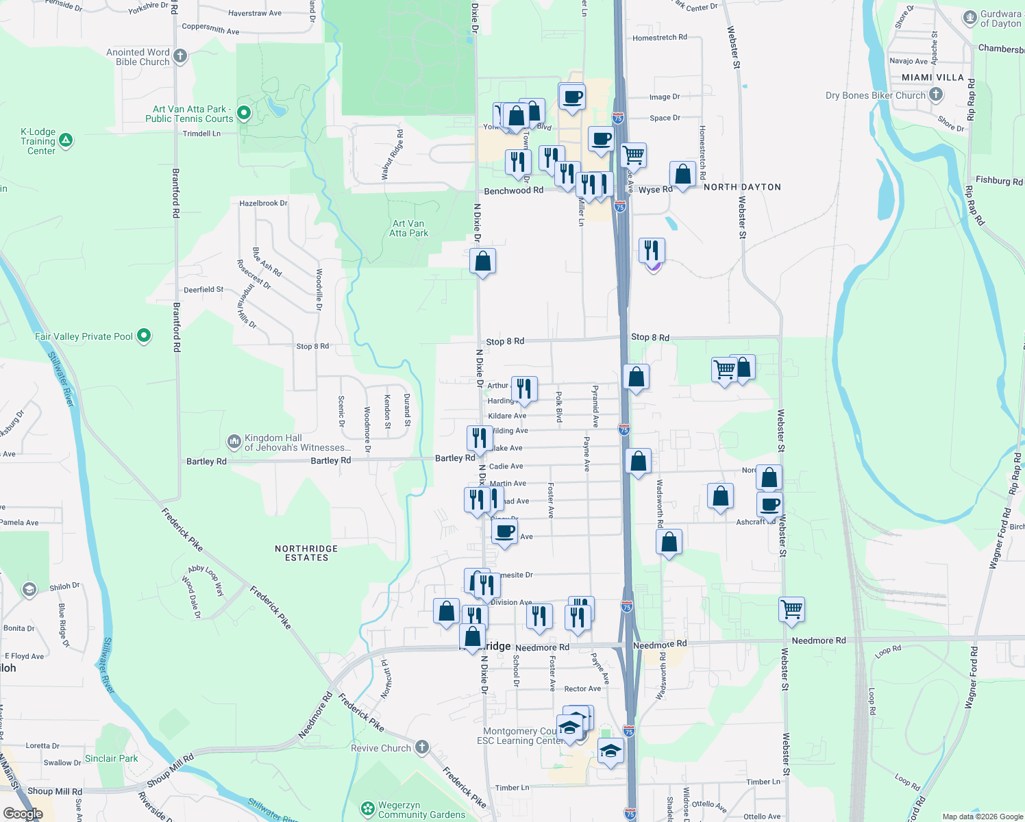 map of restaurants, bars, coffee shops, grocery stores, and more near 2029 Kildare Ave in Dayton