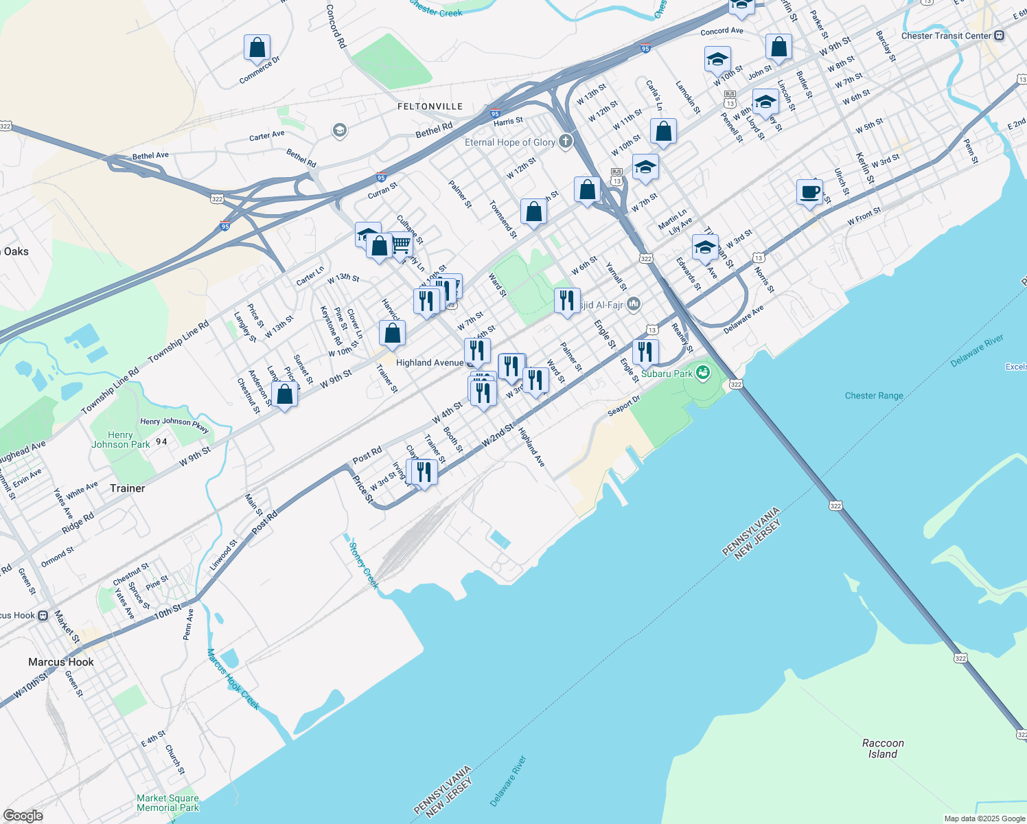 map of restaurants, bars, coffee shops, grocery stores, and more near 217 Highland Avenue in Chester