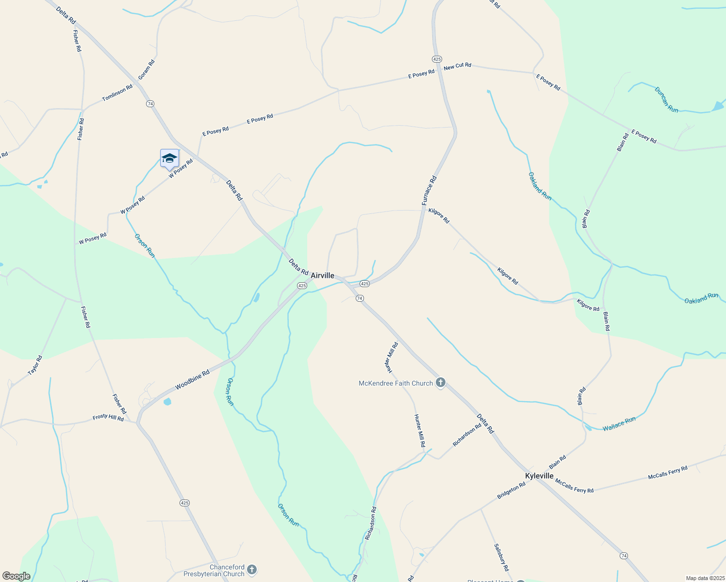 map of restaurants, bars, coffee shops, grocery stores, and more near 3567 Delta Rd in Airville