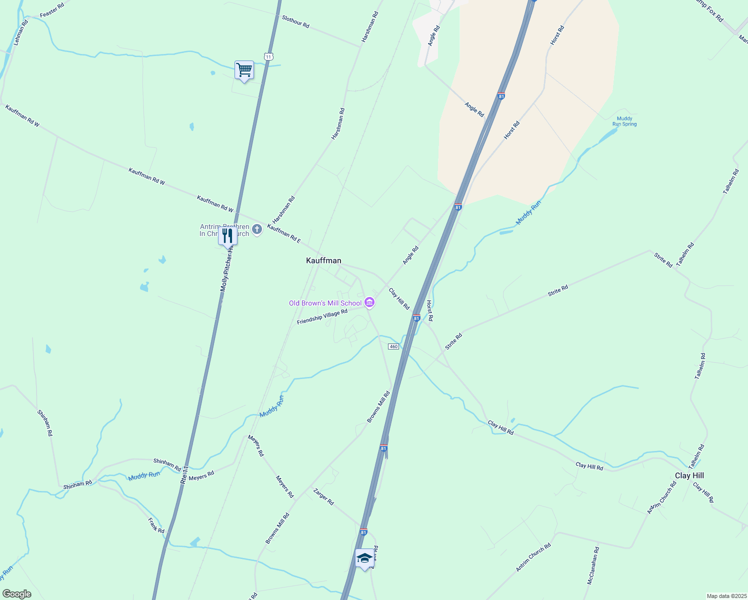 map of restaurants, bars, coffee shops, grocery stores, and more near 7498 Angle Road in Chambersburg